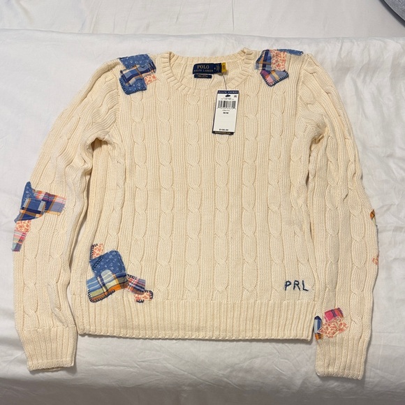 Polo Ralph Lauren Tops - Polo Ralph Lauren Cream Cable Knit Sweater with Patchwork